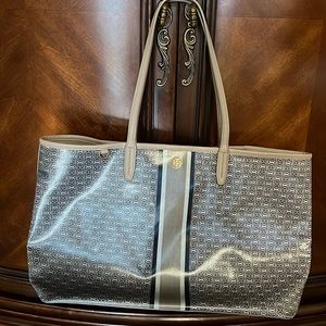 Used Tory Burch Gemini coated canvas and leather trim large tote bag